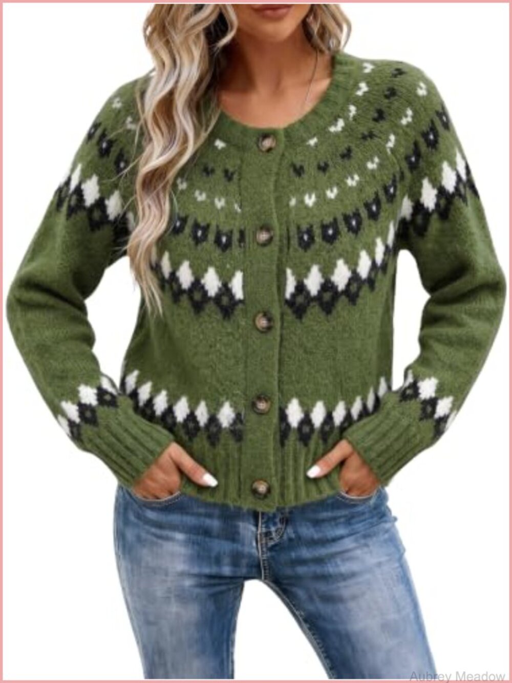 Fair Isle Knit Cardigan Sweater Coat Button Up Cropped Chunky Long Sleeve